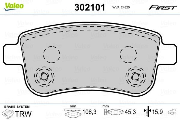 VALEO 302101 Disc pads FIRST, Rear Axle, excl. wear warning contact, with anti-squeak plate