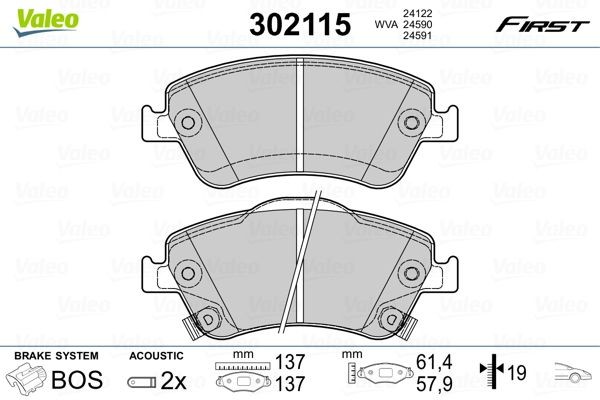 VALEO 302115 Brake pad set FIRST, Front Axle, incl. wear warning contact, with anti-squeak plate