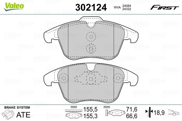 302124 Set of brake pads 302124 VALEO Front Axle, excl. wear warning contact, with anti-squeak plate