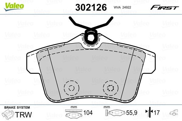 302126 Set of brake pads 302126 VALEO FIRST, Rear Axle, excl. wear warning contact, with anti-squeak plate