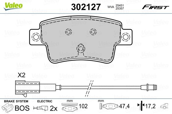 VALEO 302127 Brake pad set FIRST, Rear Axle, incl. wear warning contact, with anti-squeak plate