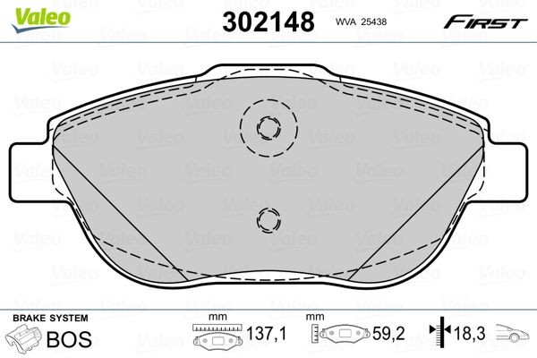 VALEO FIRST, Front Axle, excl. wear warning contact, with anti-squeak plate Height 2: 59,2mm, Height: 59,2mm, Width 2 [mm]: 137mm, Width: 137mm, Thickness 2: 18,3mm, Thickness: 18mm Brake pads 302148 buy