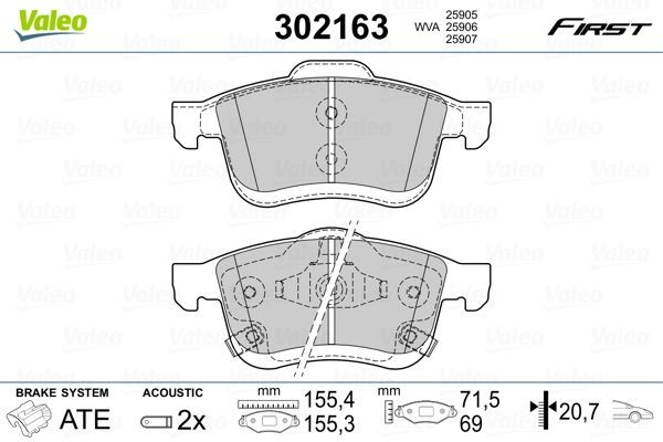 VALEO 302163 Brake pad set FIRST, Front Axle, incl. wear warning contact, with anti-squeak plate