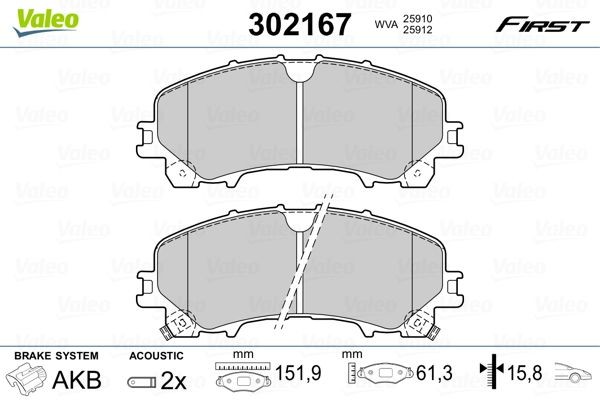 VALEO 302167 Brake pad set FIRST, Front Axle, incl. wear warning contact, without anti-squeak plate