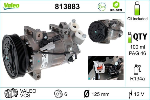 VALEO REMANUFACTURED 813883 Air conditioning compressor VCS, 12V, PAG 46, R 134a, with PAG compressor oil