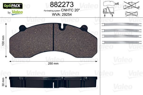VALEO OPTIPACK excl. wear warning contact, without bolts/screws Height: 100mm, Width: 250mm, Thickness: 30mm Brake pads 882273 buy