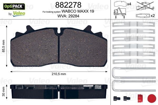 29284 VALEO OPTIPACK excl. wear warning contact, without bolts/screws Height: 85,5mm, Width: 211mm, Thickness: 30mm Brake pads 882278 buy