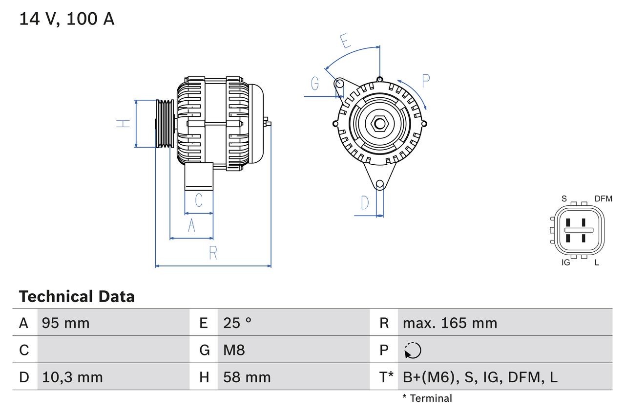 BOSCH 0 986 082 010 Alternator 14V, 100A, B+(M6),S,IG,DFM,L, PL78, excl. vacuum pump, Ø 58 mm