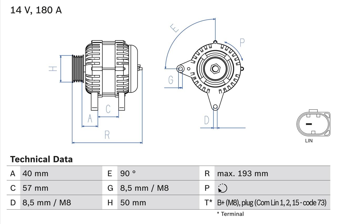 BOSCH 0 986 083 850 Alternator 14V, 180A, B+(M8),PLUG(COM,LIN), PL181-1 PIN, excl. vacuum pump, Ø 49,5 mm