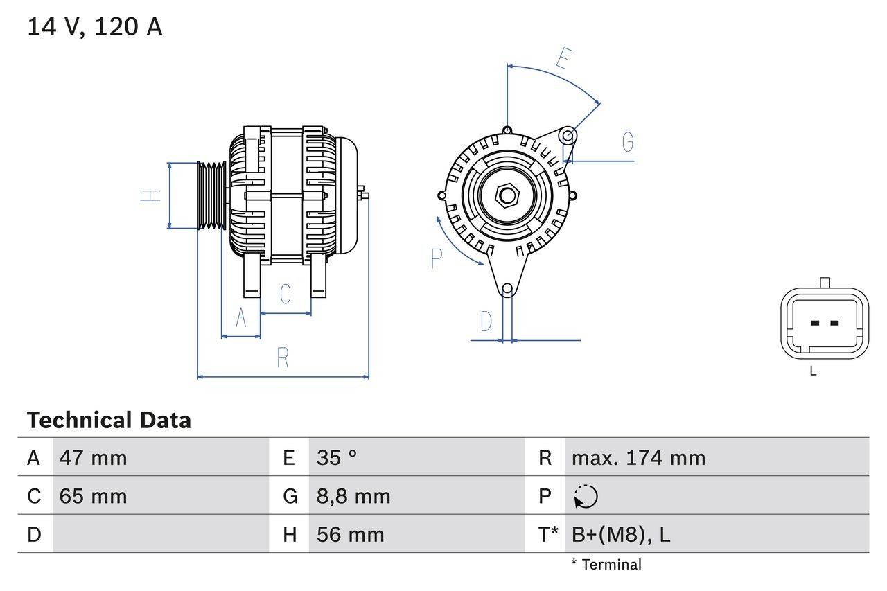 BOSCH 0 986 084 310 Alternator 14V, 120A, B+(M8),L, PL55, excl. vacuum pump, Ø 56 mm