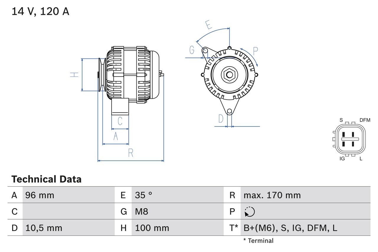 BOSCH 0 986 084 380 Alternator 14V, 120A, B+(M6),S,IG,DFM,L, PL78, excl. vacuum pump, Ø 100 mm