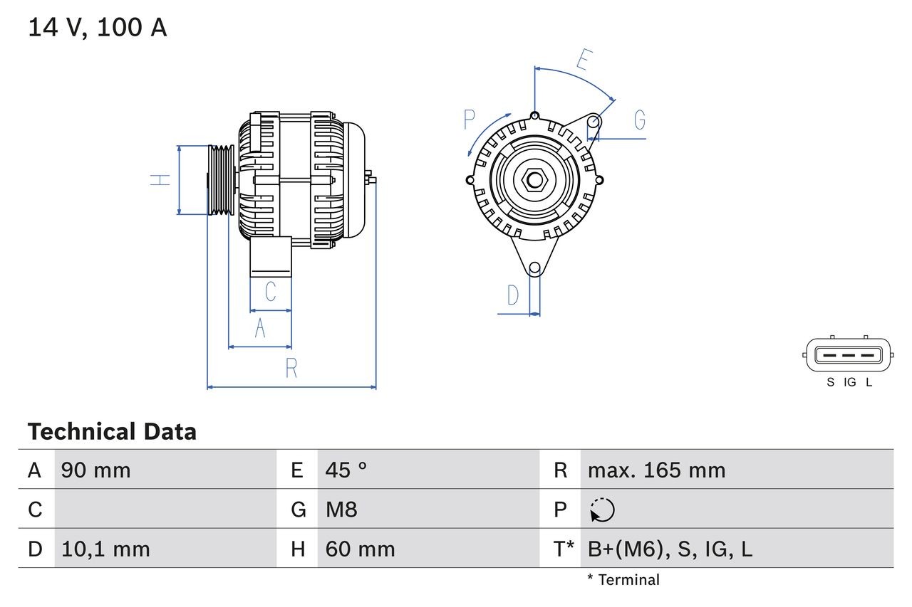 BOSCH 0 986 084 390 Alternator 14V, 100A, B+(M6),S,IG,L, PL42, excl. vacuum pump, Ø 60 mm