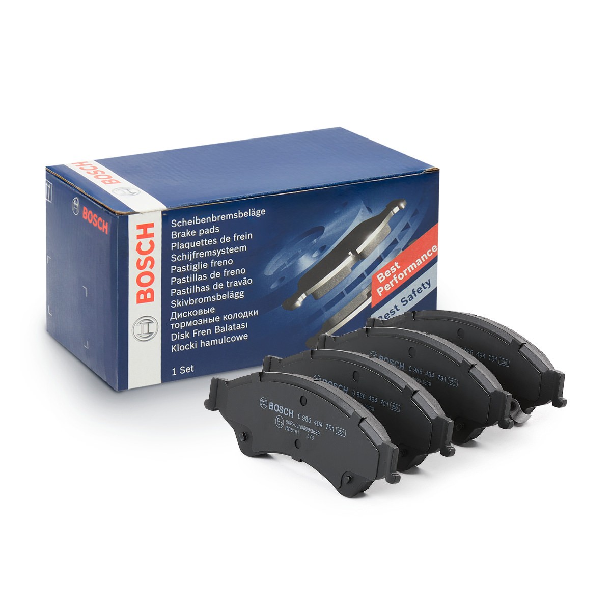 0986494791 Set of brake pads 25632 BOSCH Low-Metallic, with integrated wear warning contact, with acoustic wear warning, with anti-squeak plate