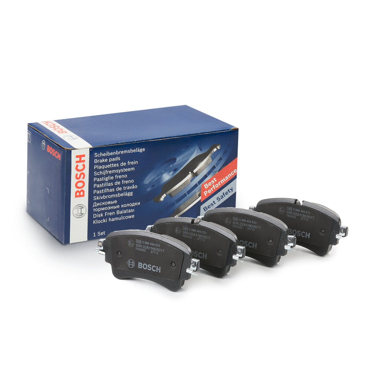 0986494833 Set of brake pads E9-90R-02A1180/5017 BOSCH Low-Metallic, with anti-squeak plate