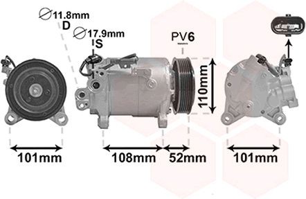 Air conditioning compressor VAN WEZEL VS14, 12V, PAG 46 YF, R 1234yf, R 134a, without magnetic clutch, without oil drain plug, with seal - 0600K566