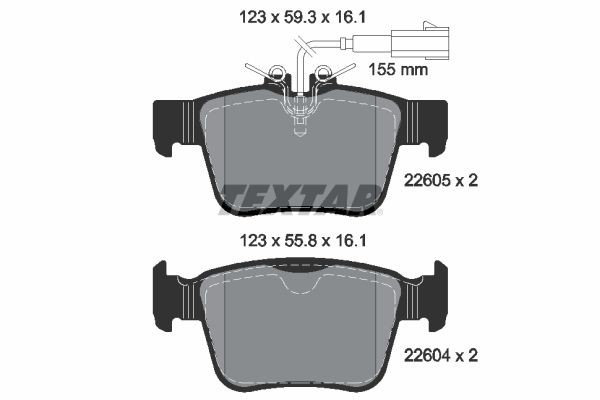 22141 TEXTAR with integrated wear warning contact Height 1: 59,3mm, Height 2: 55,8mm, Width: 123mm, Thickness: 16,1mm Brake pads 2260501 buy