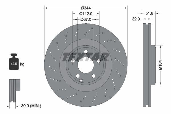 TEXTAR PRO+ 92289905 Brake disc 344x32mm, 05/06x112, internally vented, Perforated, coated, High-carbon
