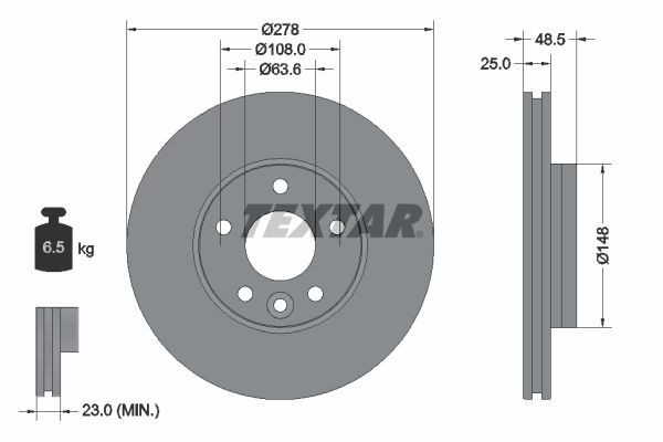 TEXTAR PRO 92292303 Brake disc 278x25mm, 05/06x108, internally vented, Coated