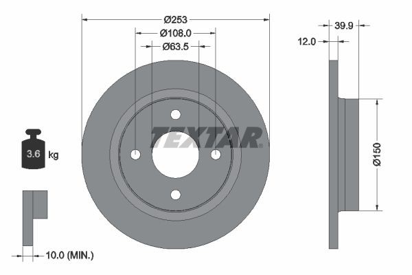 TEXTAR 92292803 Brake disc 253x12mm, 04/04x108, solid, Coated