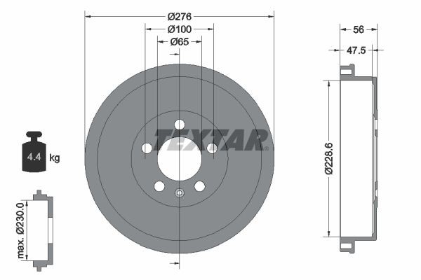 94044600 TEXTAR Brake drum SKODA without wheel hub, without wheel bearing, without wheel studs, 276mm