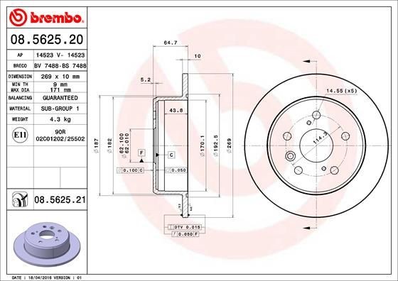 BREMBO COATED DISC LINE 269x10mm, 5, solid, Coated Ø: 269mm, Num. of holes: 5, Brake Disc Thickness: 10mm Brake rotor 08.5625.21 buy