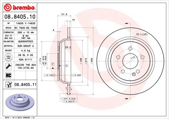 08.8405.11 Brake discs 08.8405.11 BREMBO 296x10mm, 5, solid, coated, High-carbon
