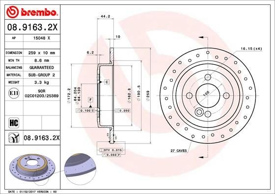 08.9163.2X Brake discs 08.9163.2X BREMBO 259x10mm, 4, solid, Perforated, Coated, High-carbon