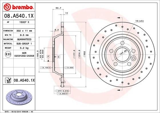 BREMBO 08.A540.1X Brake rotor 302x11mm, 5, solid, Perforated, Coated