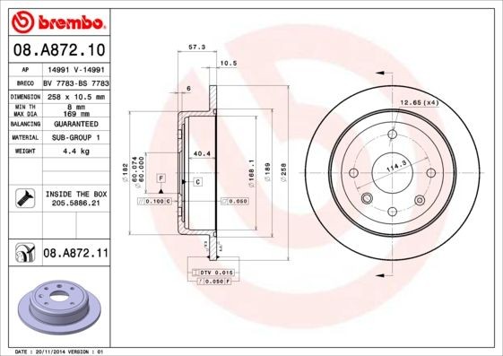 BREMBO COATED DISC LINE 258x10,5mm, 4, solid, Coated Ø: 258mm, Num. of holes: 4, Brake Disc Thickness: 10,5mm Brake rotor 08.A872.11 buy