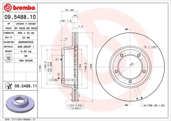BREMBO COATED DISC LINE 09.5488.11 Brake disc 298x24mm, 5, internally vented, Coated