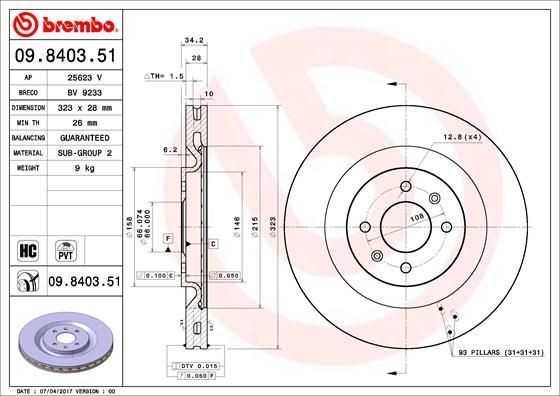 BREMBO COATED DISC LINE 09.8403.51 Brake disc 323x28mm, 4, internally vented, Coated, High-carbon