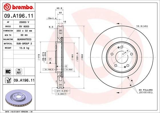 BREMBO COATED DISC LINE 09.A196.11 Brake disc 350x32mm, 5, internally vented, Coated, High-carbon