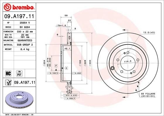 BREMBO COATED DISC LINE 09.A197.11 Brake disc 330x22mm, 5, internally vented, Coated, High-carbon