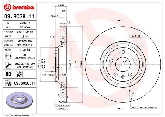 BREMBO COATED DISC LINE 09.B038.11 Brake disc 340x30mm, 5, internally vented, Coated, High-carbon