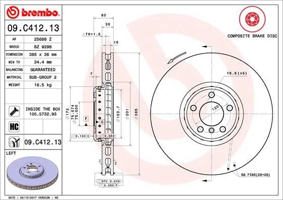 BREMBO TWO-PIECE DISCS LINE 09.C412.13 Brake disc 385x36mm, 5, internally vented, two-part brake disc, Coated, High-carbon
