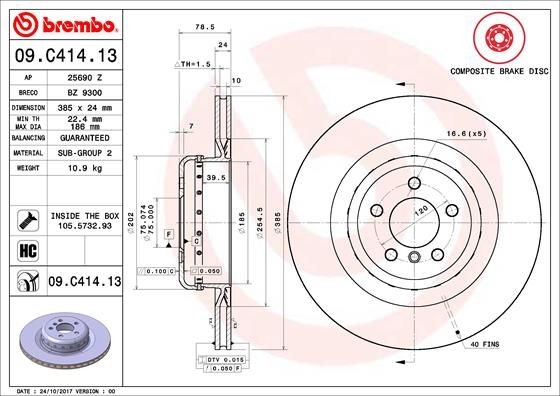 BREMBO TWO-PIECE DISCS LINE 385x24mm, 5, internally vented, two-part brake disc, Coated, High-carbon Ø: 385mm, Num. of holes: 5, Brake Disc Thickness: 24mm Brake rotor 09.C414.13 buy