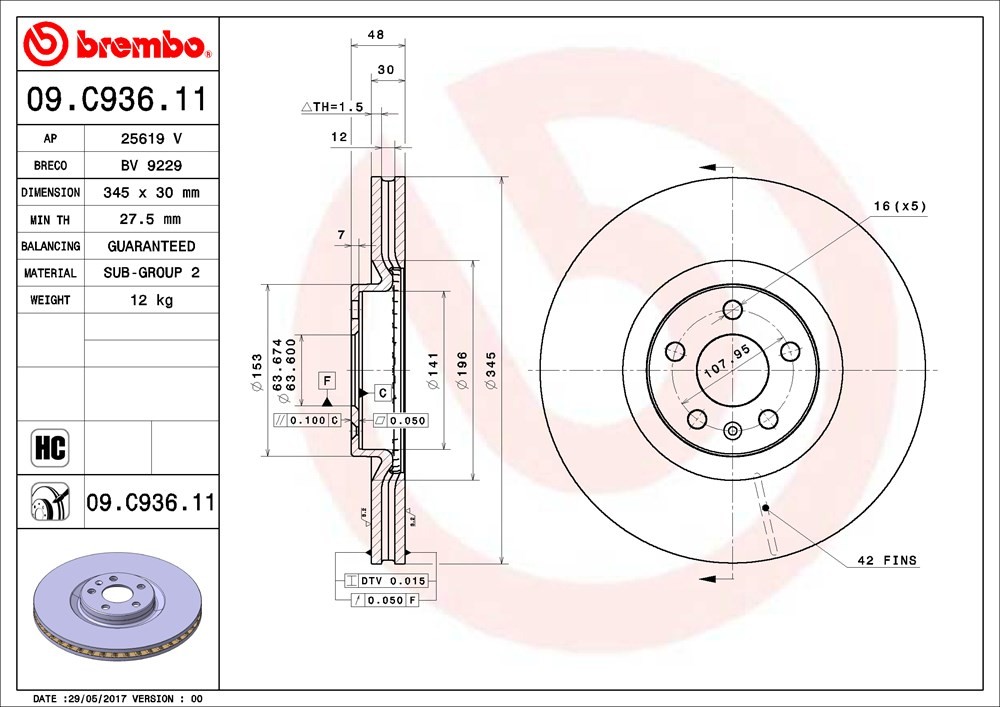 BREMBO 09.C936.11 Brake rotor 345x30mm, 5, internally vented, Coated, High-carbon