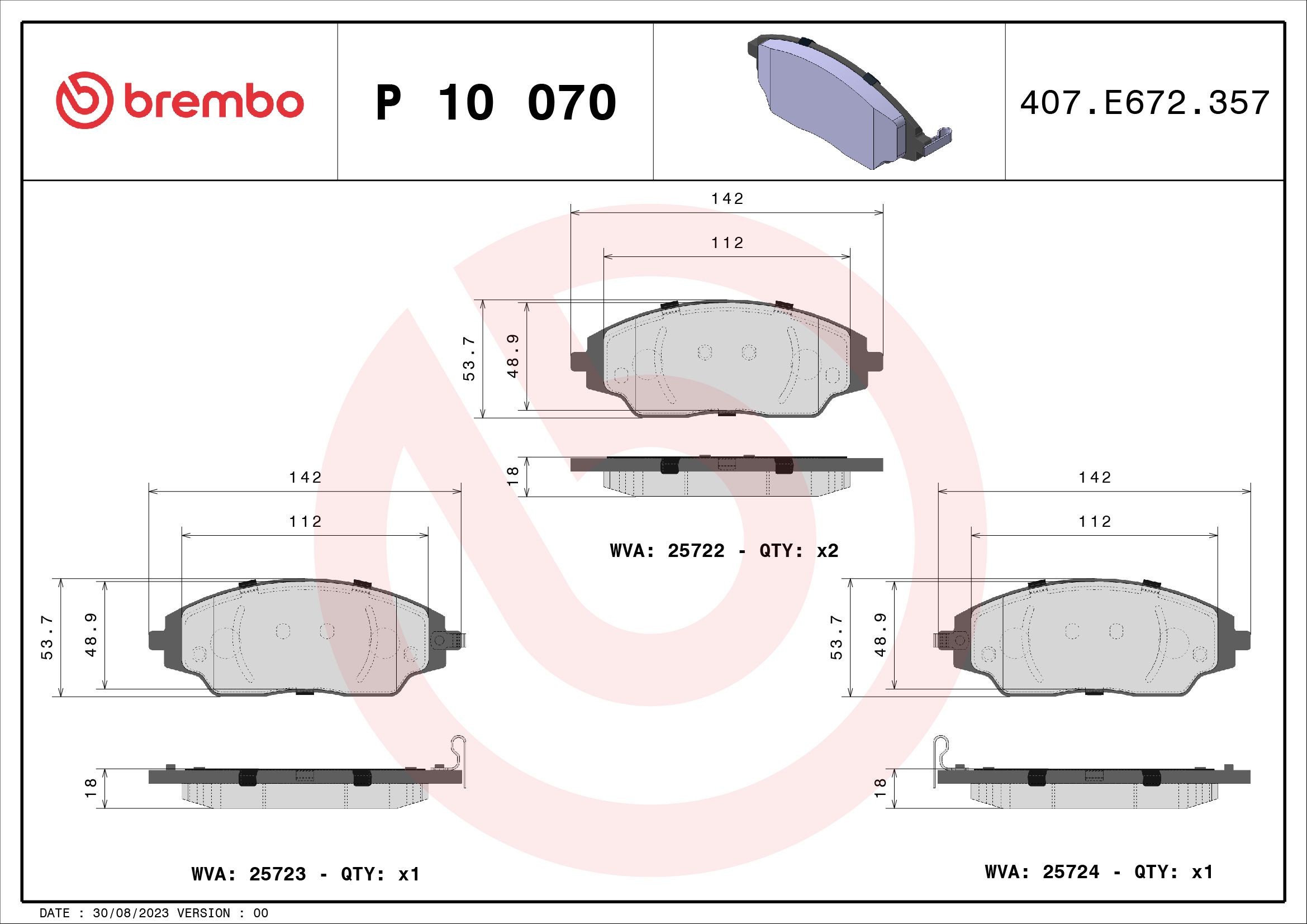 D17028926 BREMBO mit akustischer Verschleißwarnung Höhe: 53mm, Breite: 142mm, Dicke/Stärke: 18mm Bremsbelagsatz P 10 070 günstig kaufen