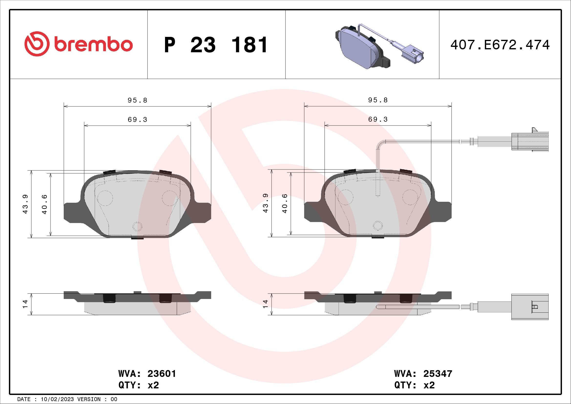 BREMBO P 23 181 Kit pastiglie freni Con contatto segnalazione usura, senza accessori