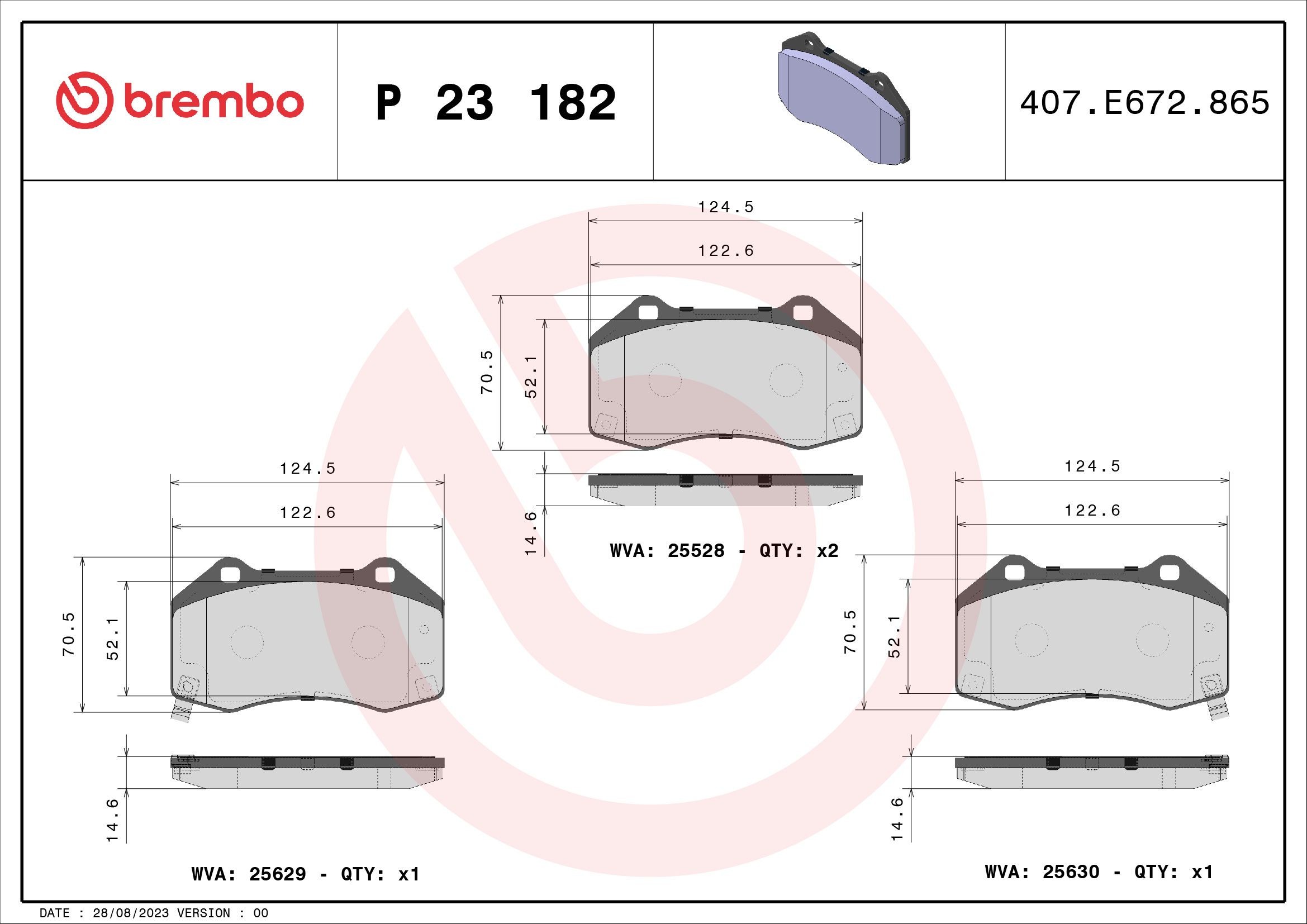 D13799074 BREMBO mit akustischer Verschleißwarnung Höhe: 71mm, Breite: 125mm, Dicke/Stärke: 13mm Bremsbelagsatz P 23 182 günstig kaufen
