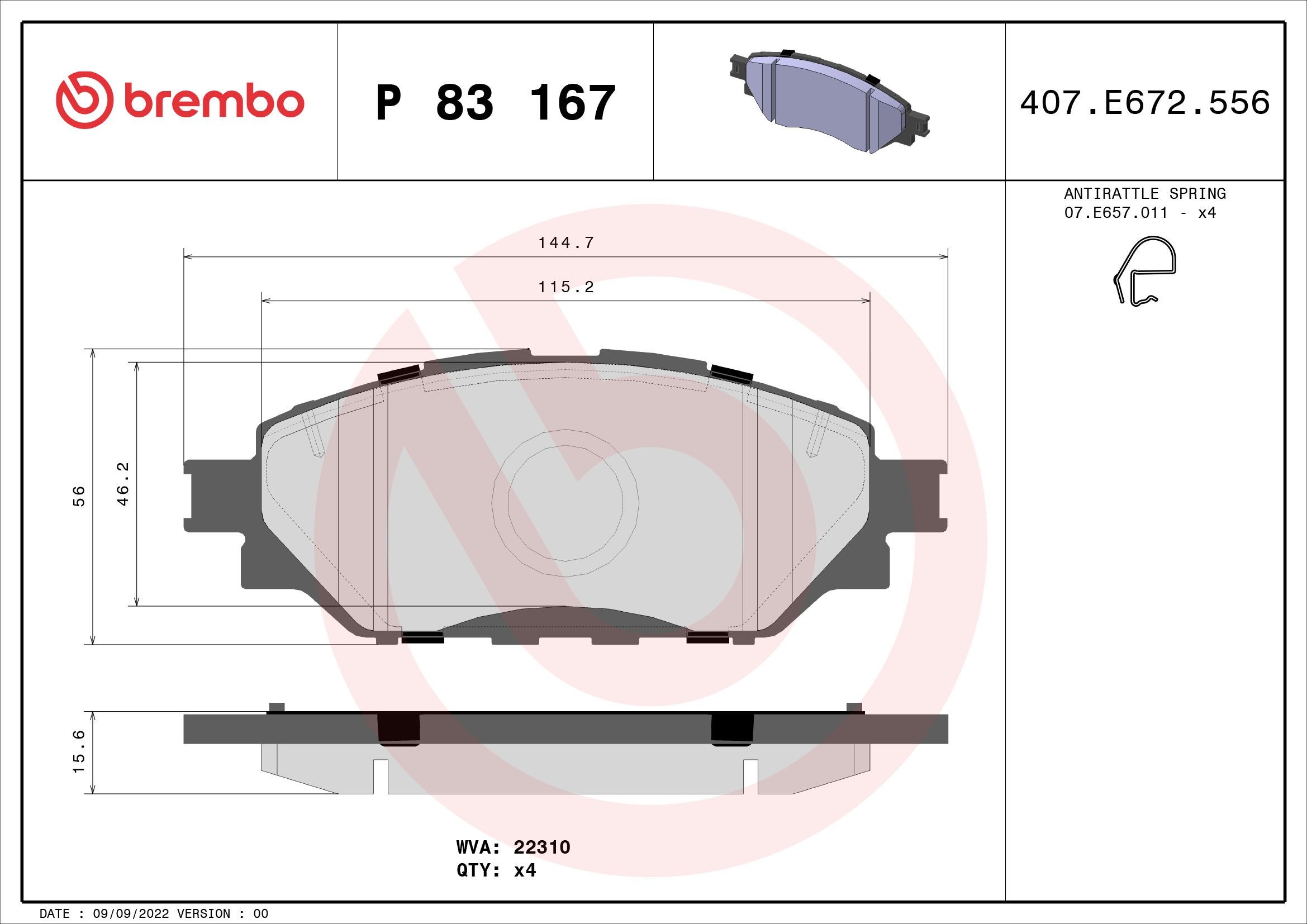 22310 BREMBO with acoustic wear warning, with anti-squeak plate, without accessories Height: 56mm, Width: 145mm, Thickness: 16mm Brake pads P 83 167 buy