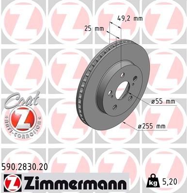 ZIMMERMANN COAT Z 590.2830.20 Brake disc 255x25mm, 7/5, 5x100, internally vented, Coated, High-carbon