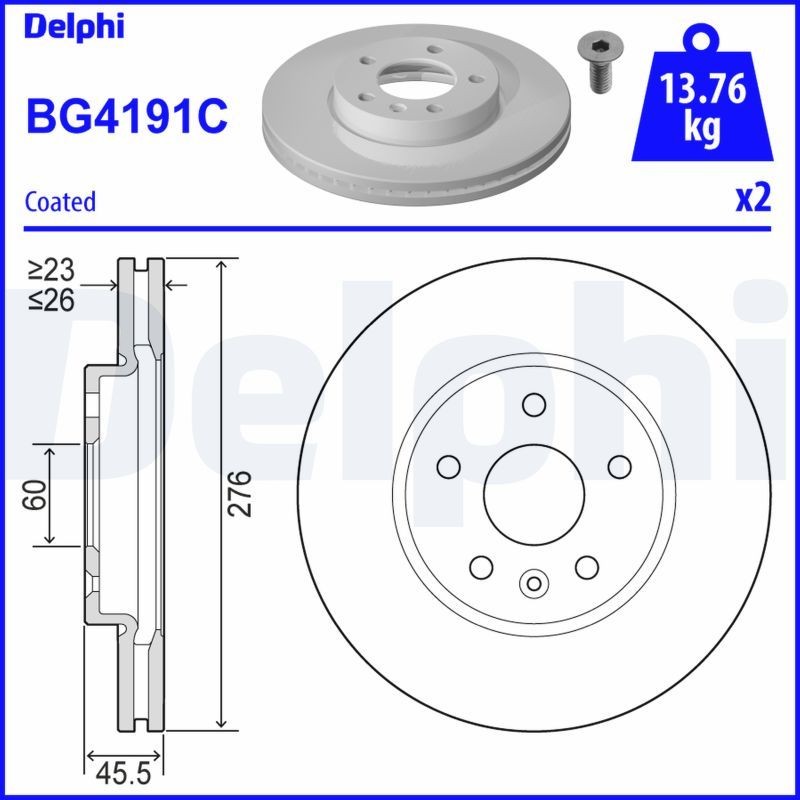 DELPHI BG4191C Brake disc 276x26mm, 5, Vented, Coated, Untreated