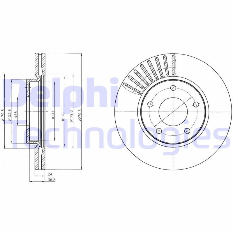 DELPHI 280x24mm, 5, Vented, Coated, Untreated Ø: 280mm, Num. of holes: 5, Brake Disc Thickness: 24mm Brake rotor BG4282C buy