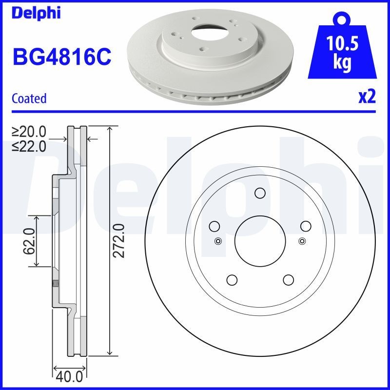 DELPHI BG4816C Brake disc 272x22mm, 5, Vented, Coated, Untreated