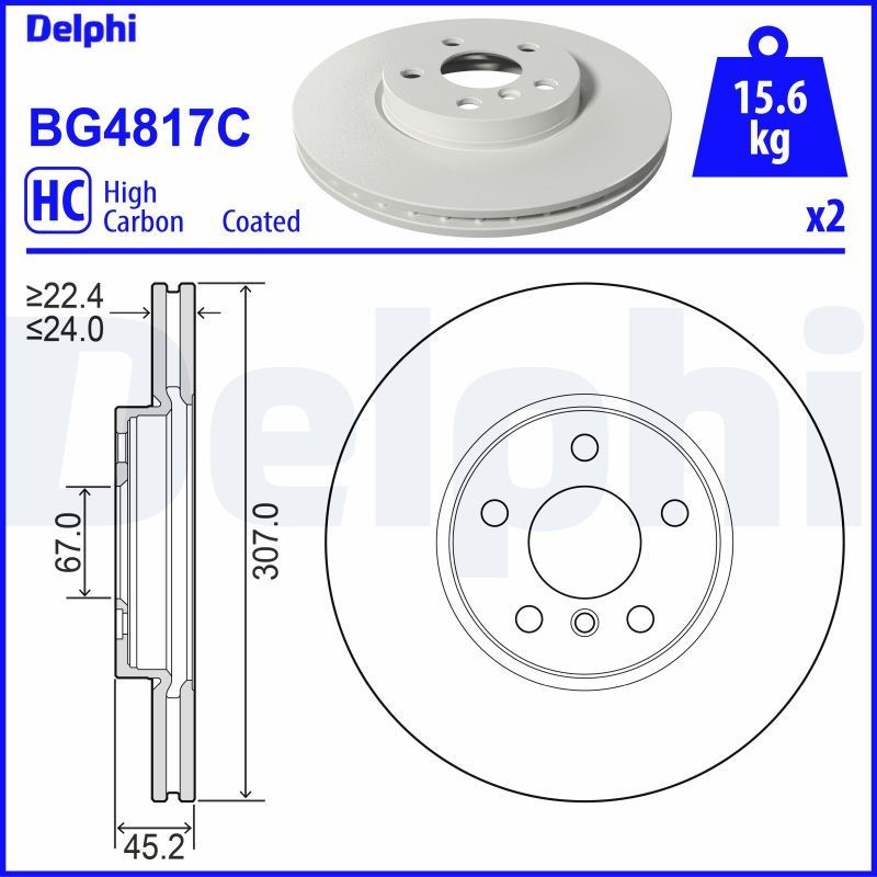 DELPHI BG4817C Brake disc 307x24mm, 5, Vented, Coated, High-carbon