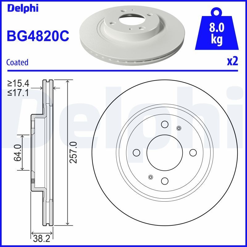 DELPHI 257x17,1mm, 4, Vented, Coated, Untreated Ø: 257mm, Num. of holes: 4, Brake Disc Thickness: 17,1mm Brake rotor BG4820C buy