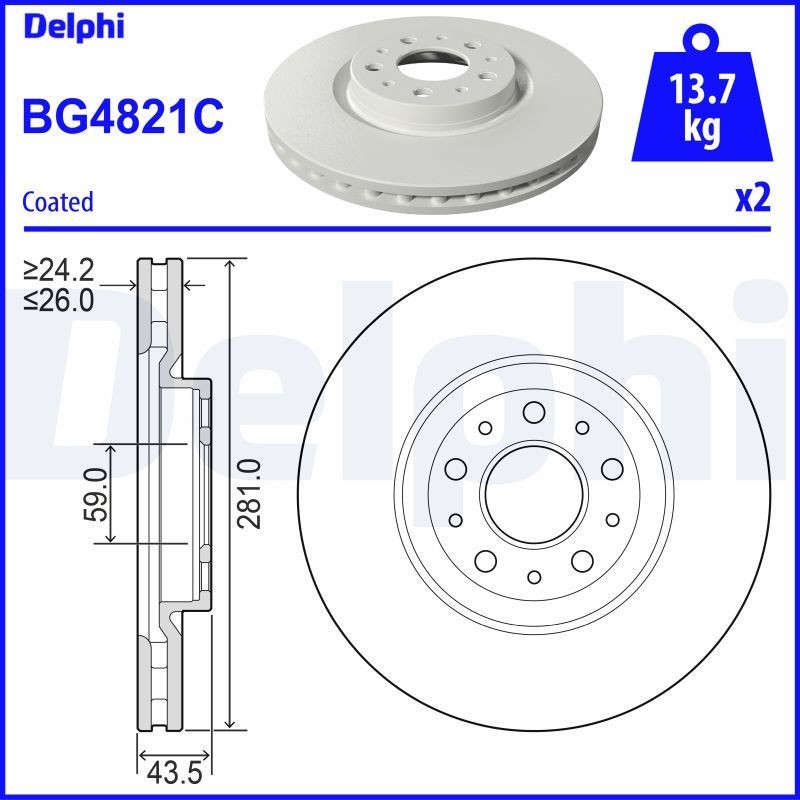 DELPHI BG4821C Brake disc 281x26mm, 5, Vented, Coated, Untreated