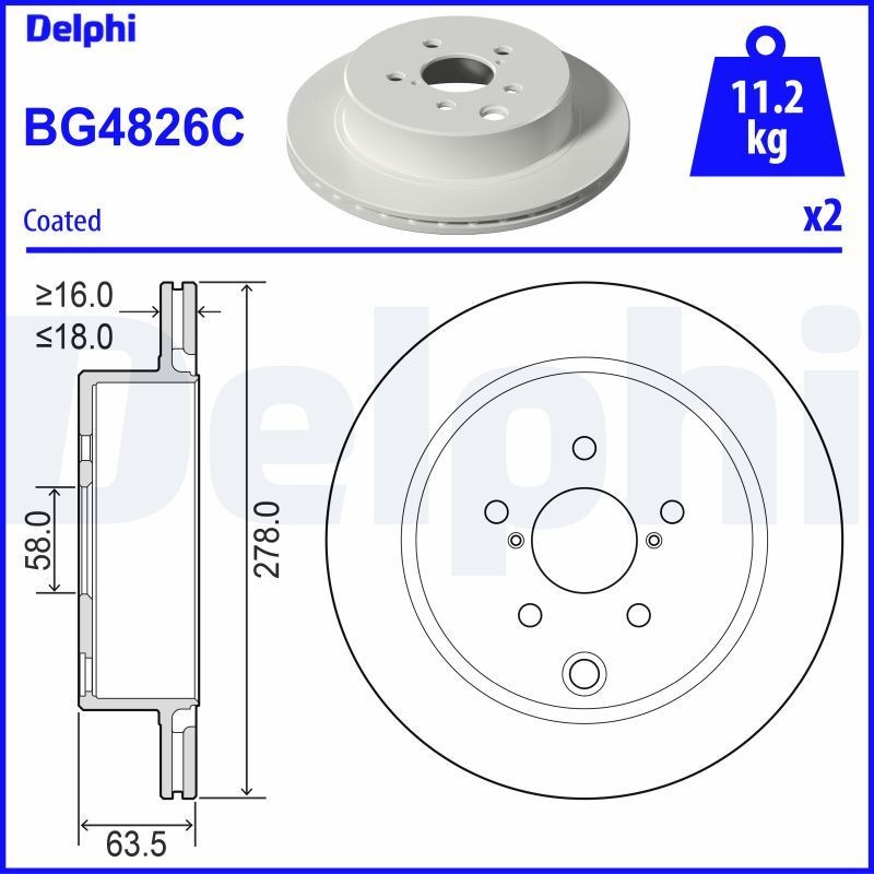DELPHI BG4826C Brake disc 278x18mm, 5, Vented, Coated, Untreated