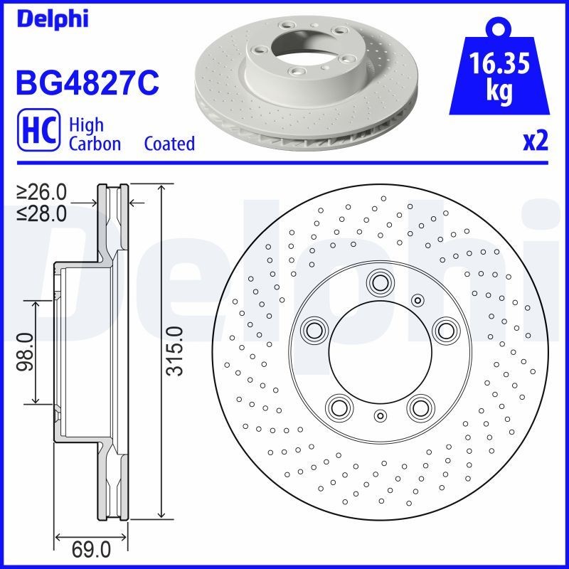 DELPHI 315x28mm, 5, Vented, Perforated, Coated, High-carbon Ø: 315mm, Num. of holes: 5, Brake Disc Thickness: 28mm Brake rotor BG4827C buy